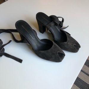 Intentionally blank suede gray ankle wrap heels